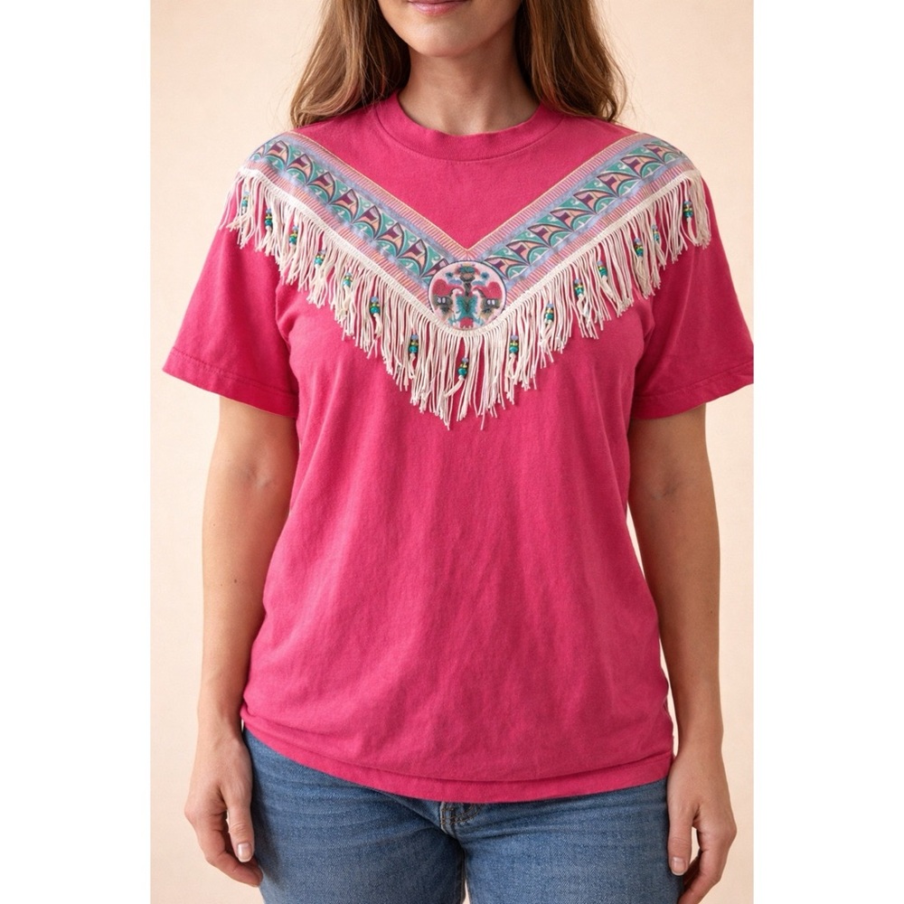 1990’s Hanes vintage bright pink fringe trim tee shirt size large